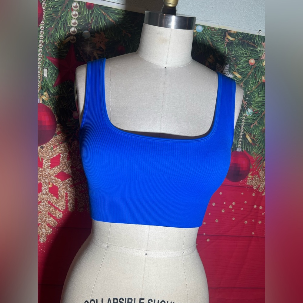 Blue Ribbed Square-Neck Crop Tank Top